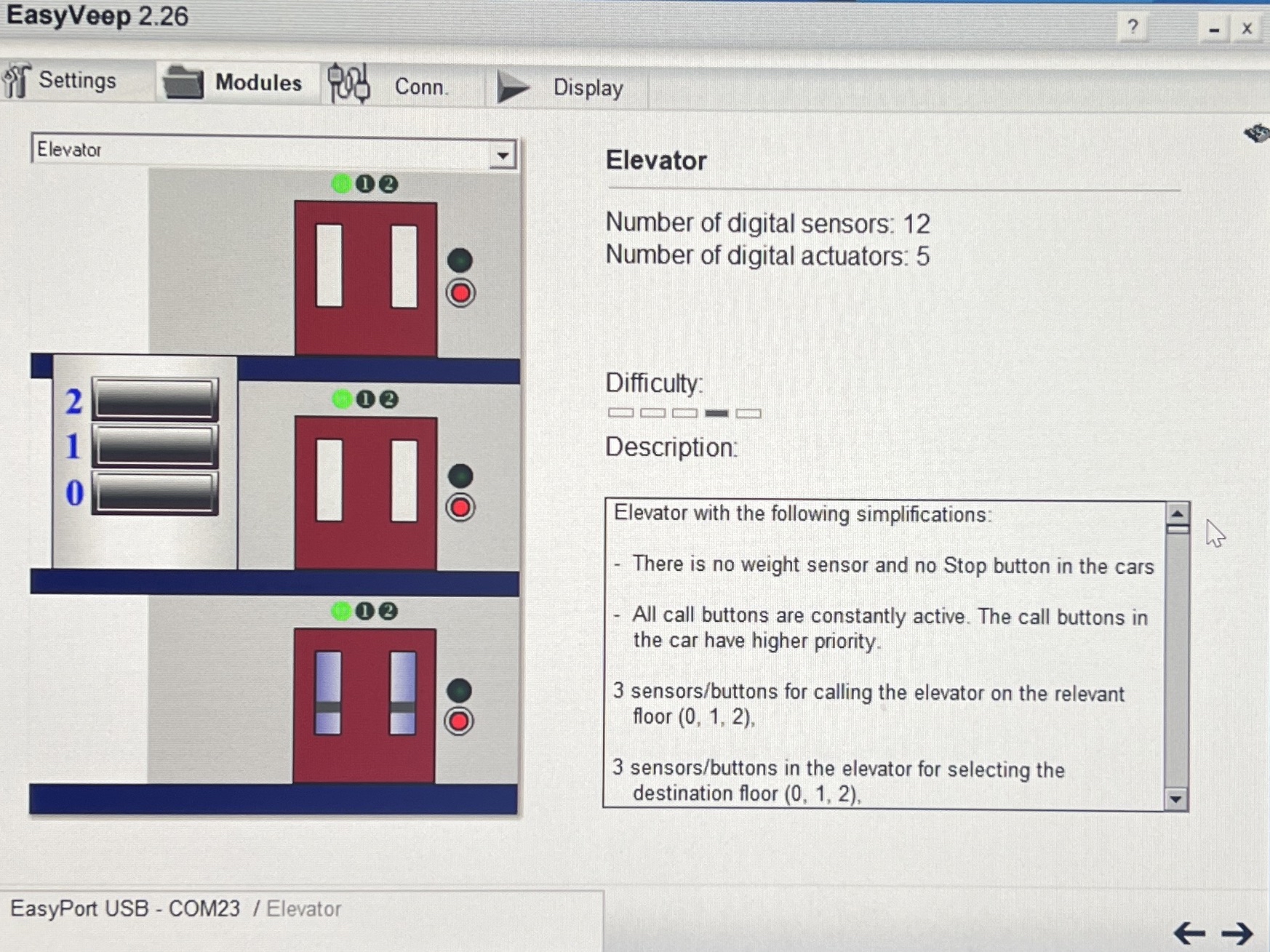 EasyVeep 2 . 2 6 Settings Modules Conn. Display