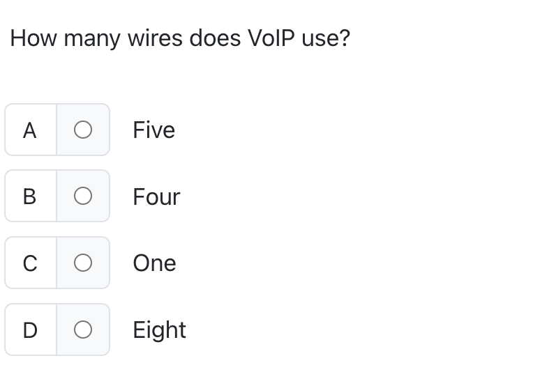 How many wires does Voice over IP use? AFive