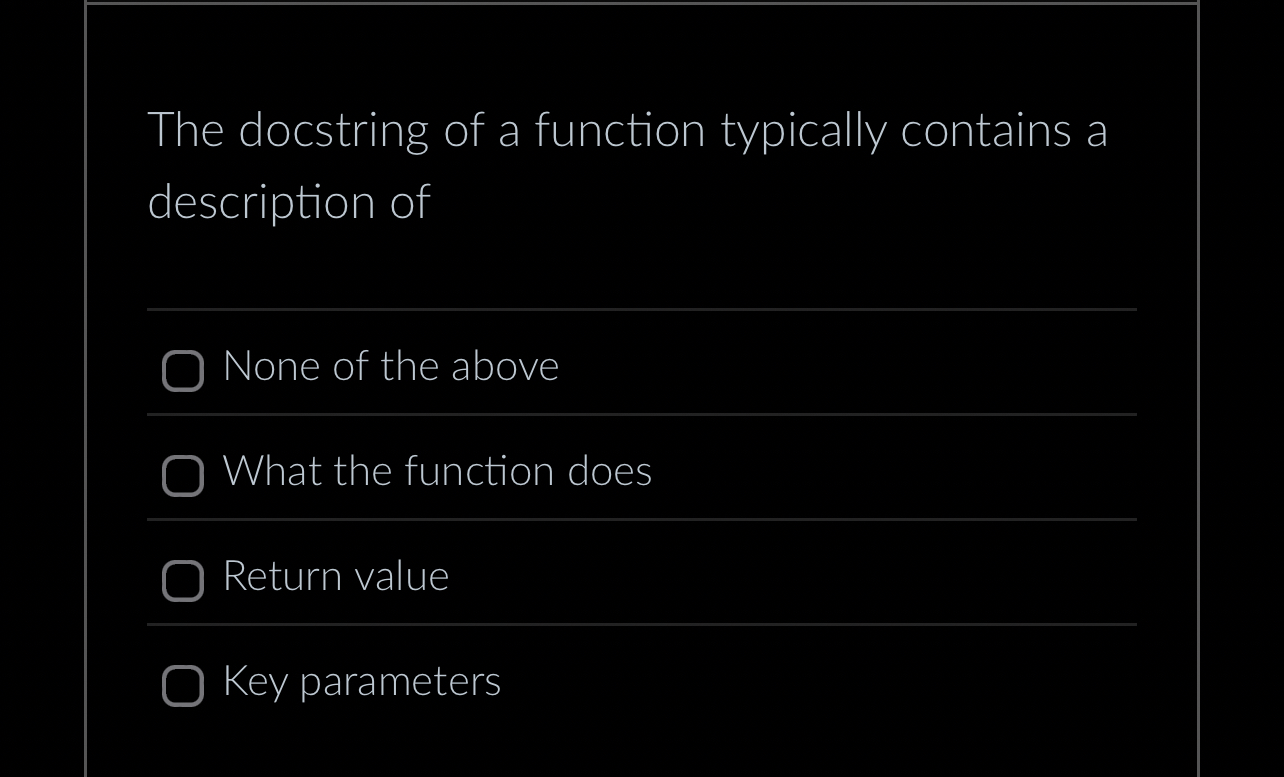 The docstring of a function typically contains a