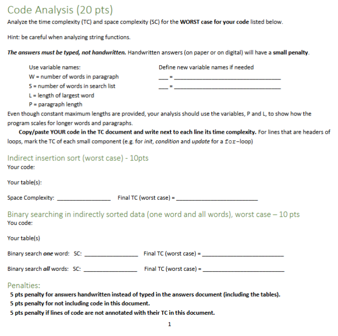 Code Analysis ( 2 0 pts ) Analyze the time