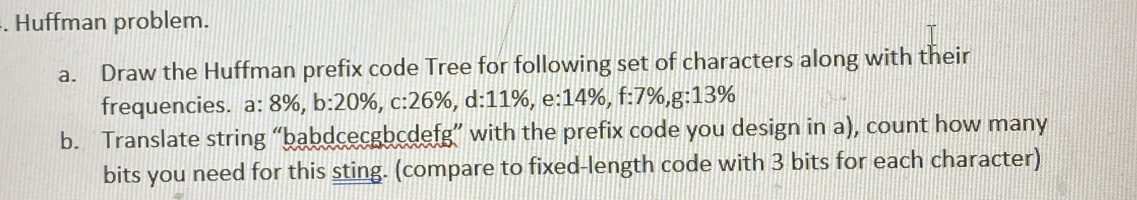 Huffman problem. a . Draw the Huffman prefix code