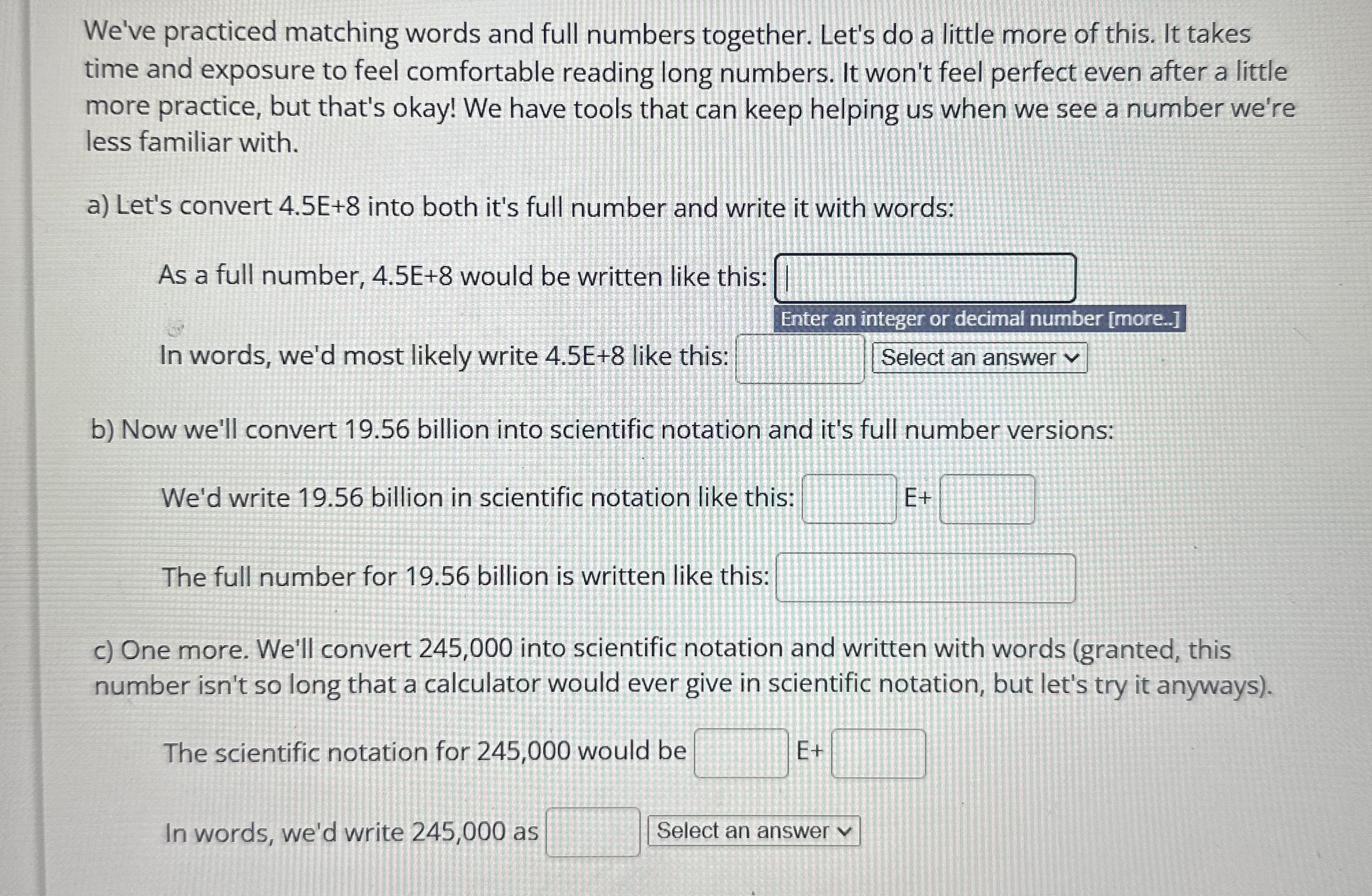 We've practiced matching words and full numbers