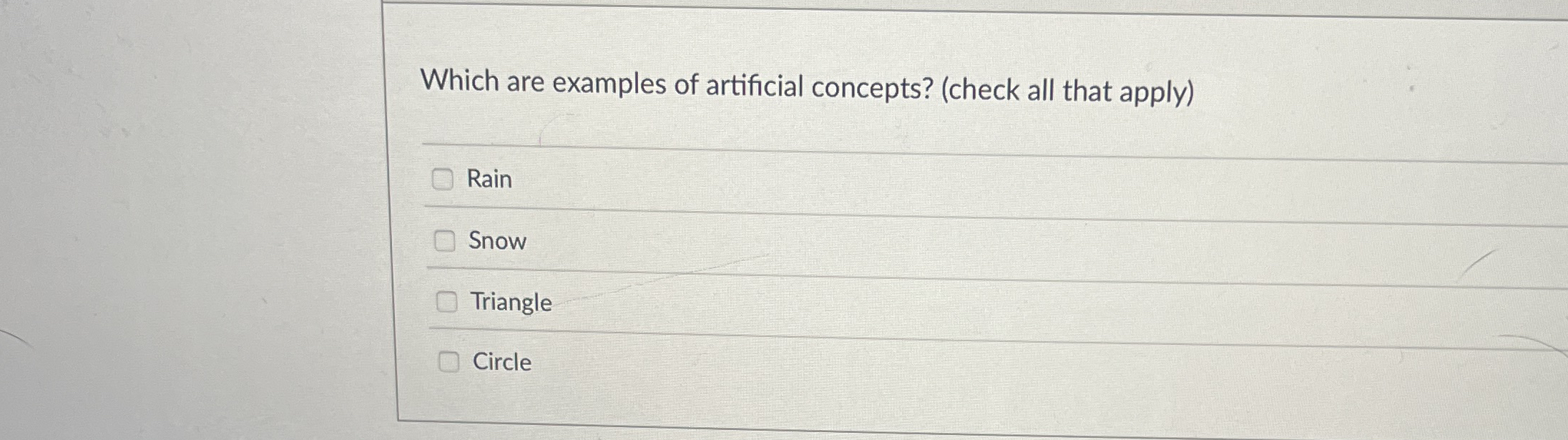 Which are examples of artificial concepts? (