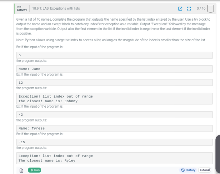 1 0 . 9 . 1 : LAB: Exceptions with lists Given a