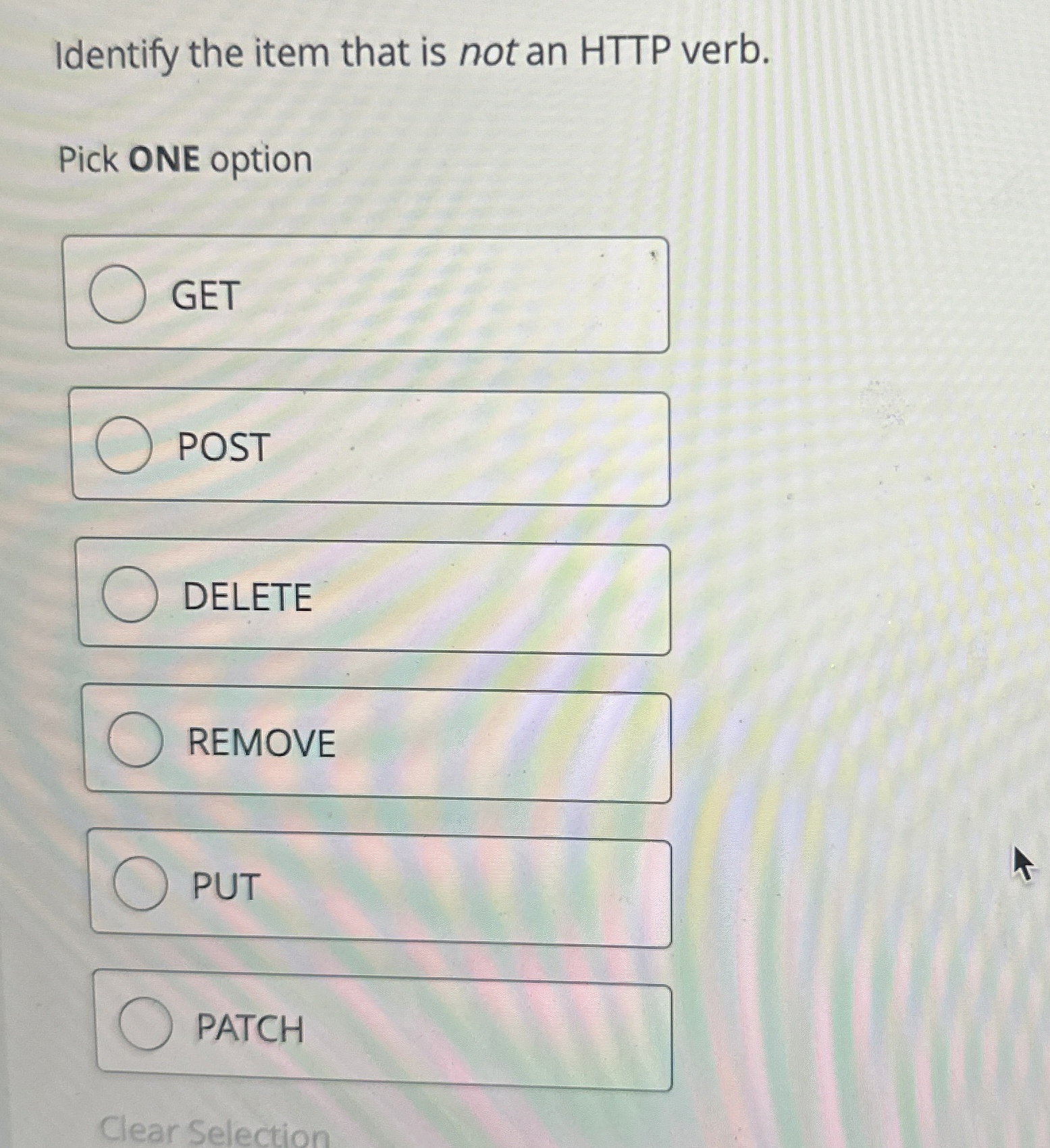Identify the item that is not an HTTP verb. Pick