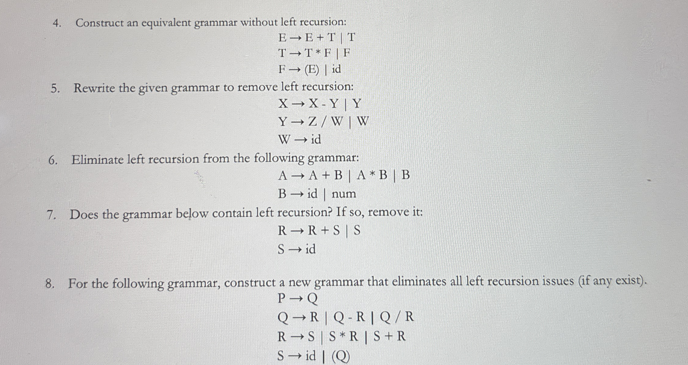 Construct an equivalent grammar without left