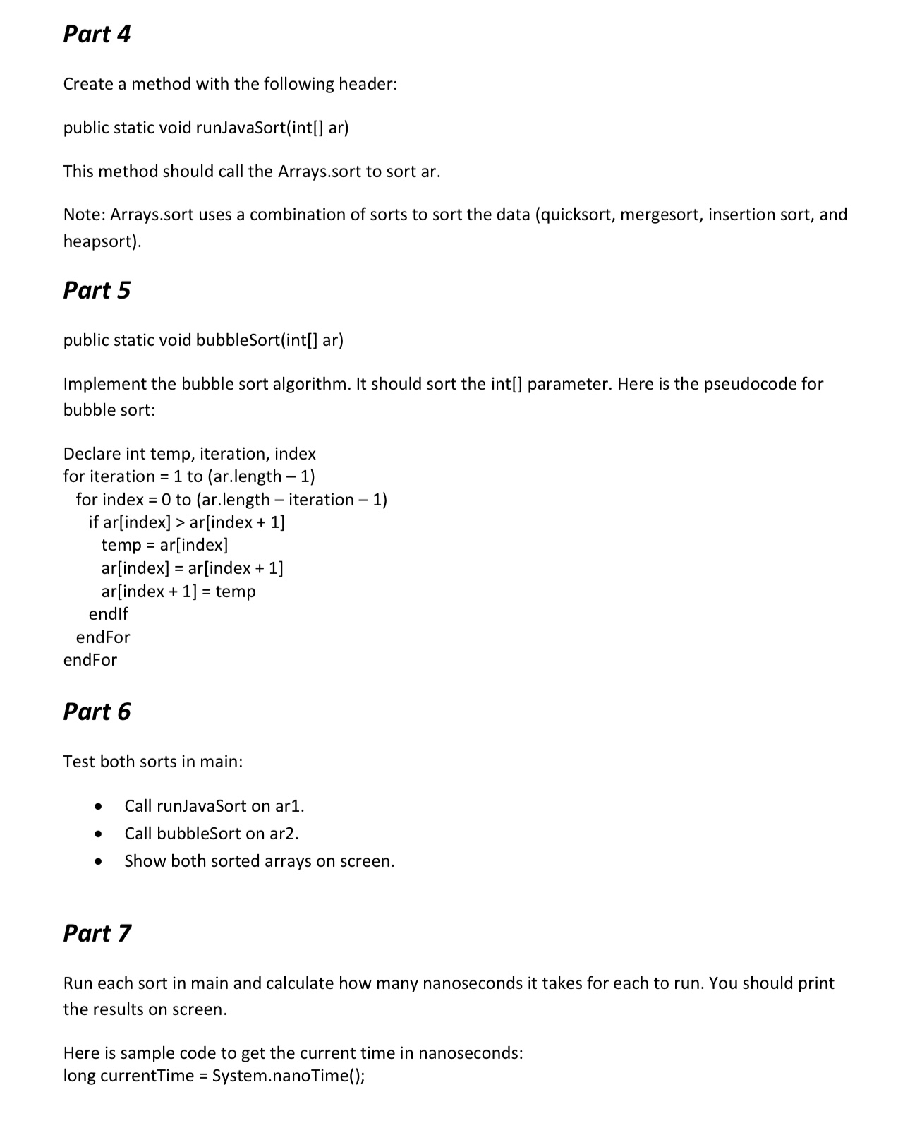In java Part 4 Create a method with the following