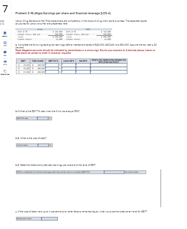 6 Problem 5-13 (Algo) Break-even point and degree