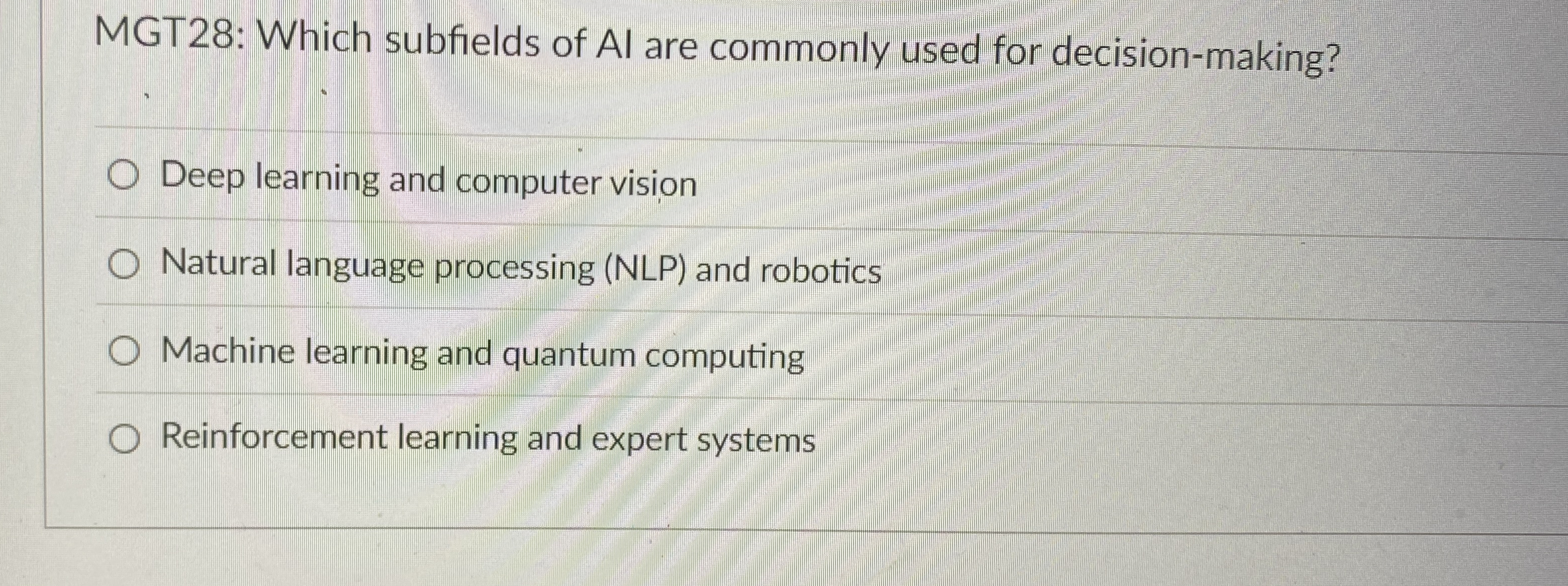MGT 2 8 : Which subfields of AI are commonly used