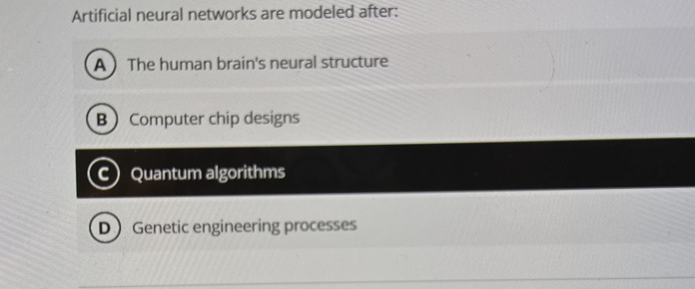 Artificial neural networks are modeled after: The