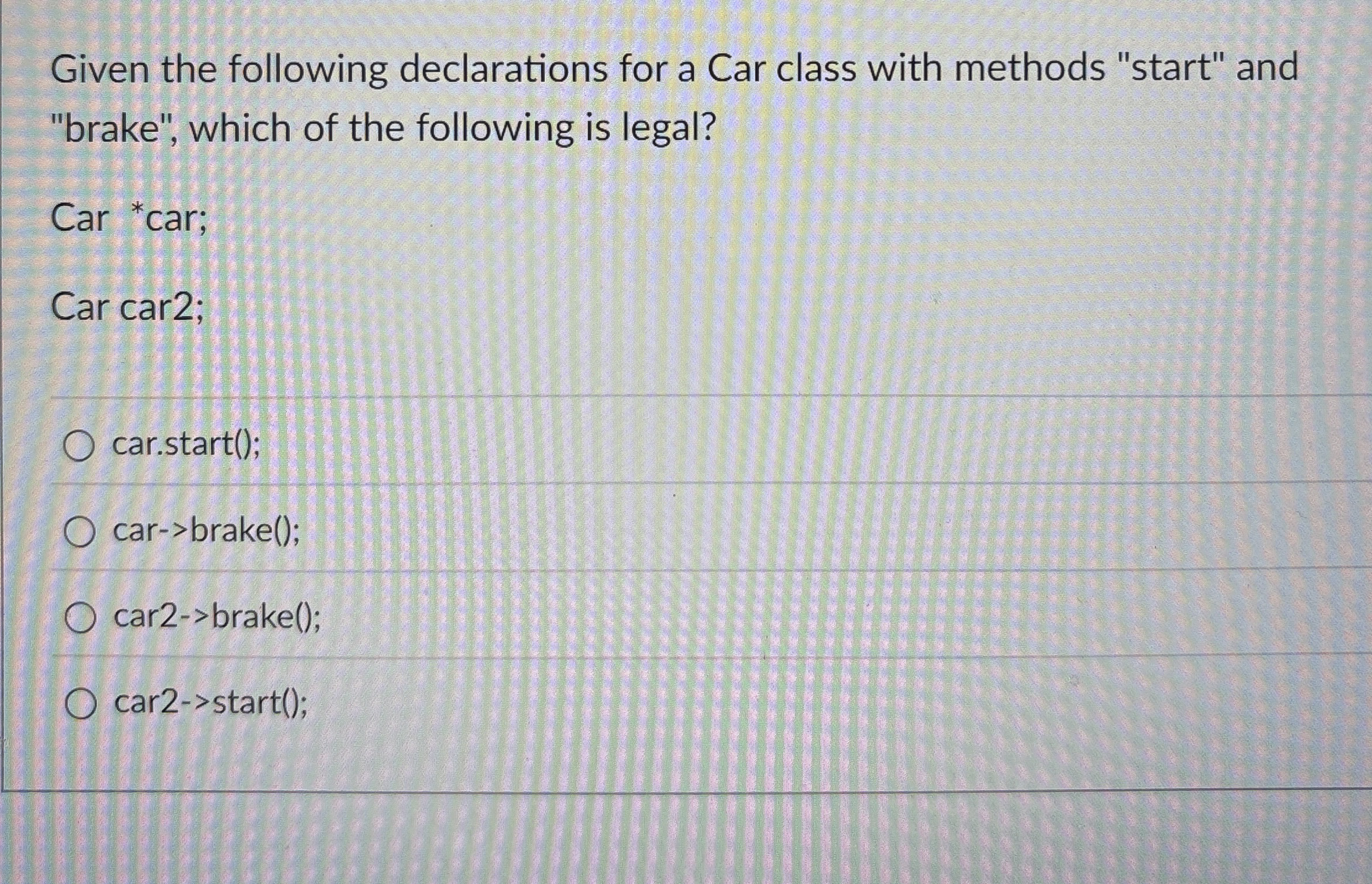 Given the following declarations for a Car class