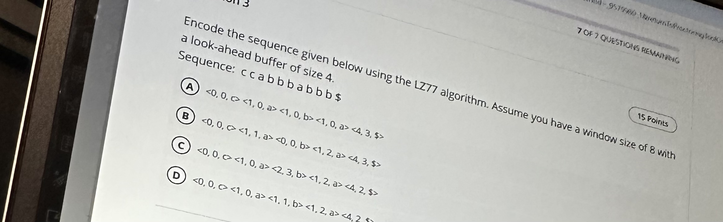 a look - ahead buffer given b Sequence: ccaber of