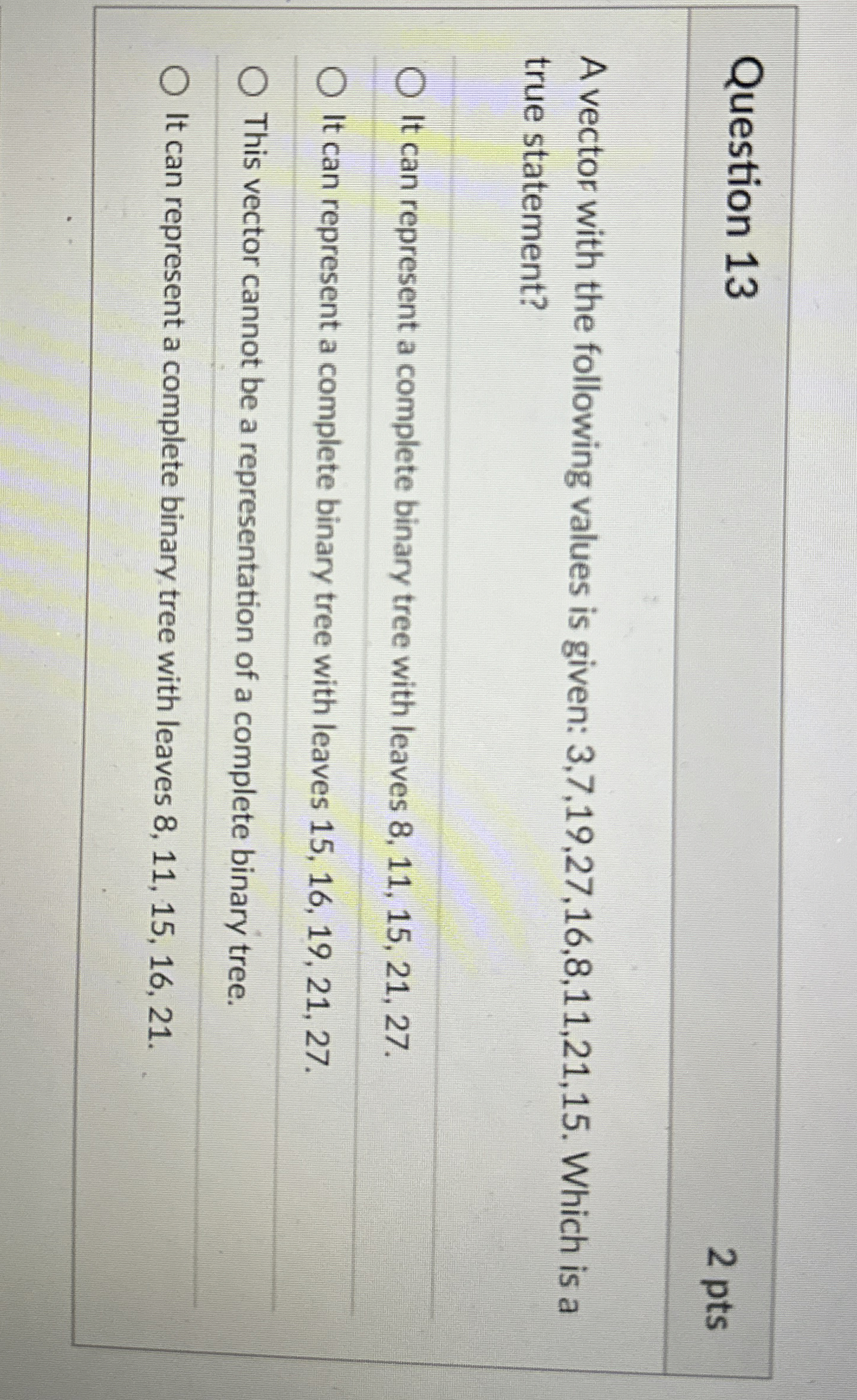 Question 1 3 2 pts A vector with the following