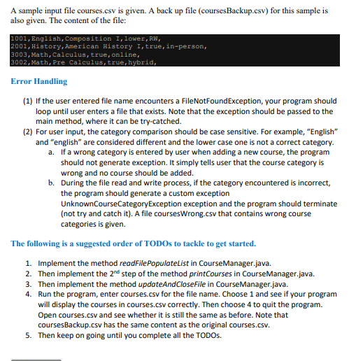A sample input file courses.csv is given. A back