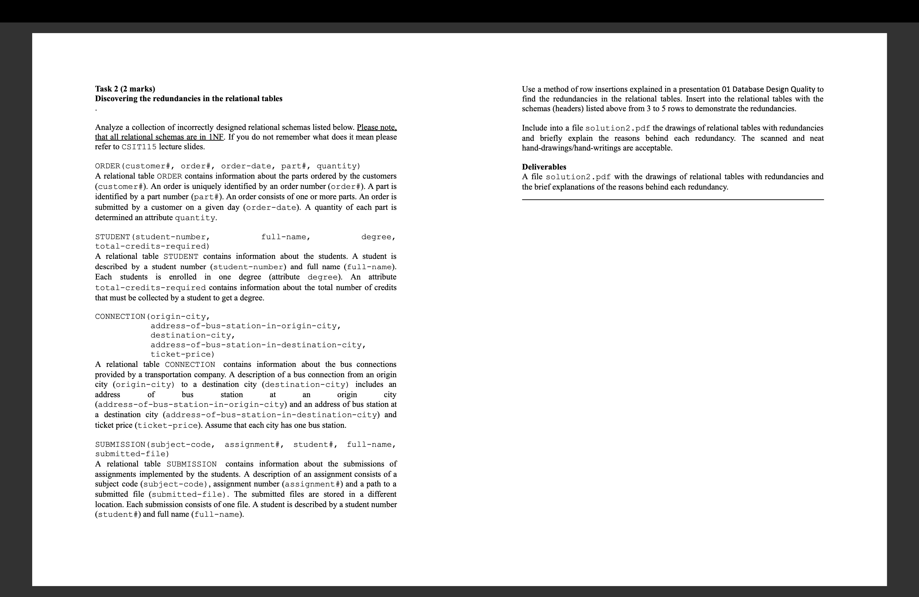 Task 2 ( 2 marks ) Discovering the redundancies