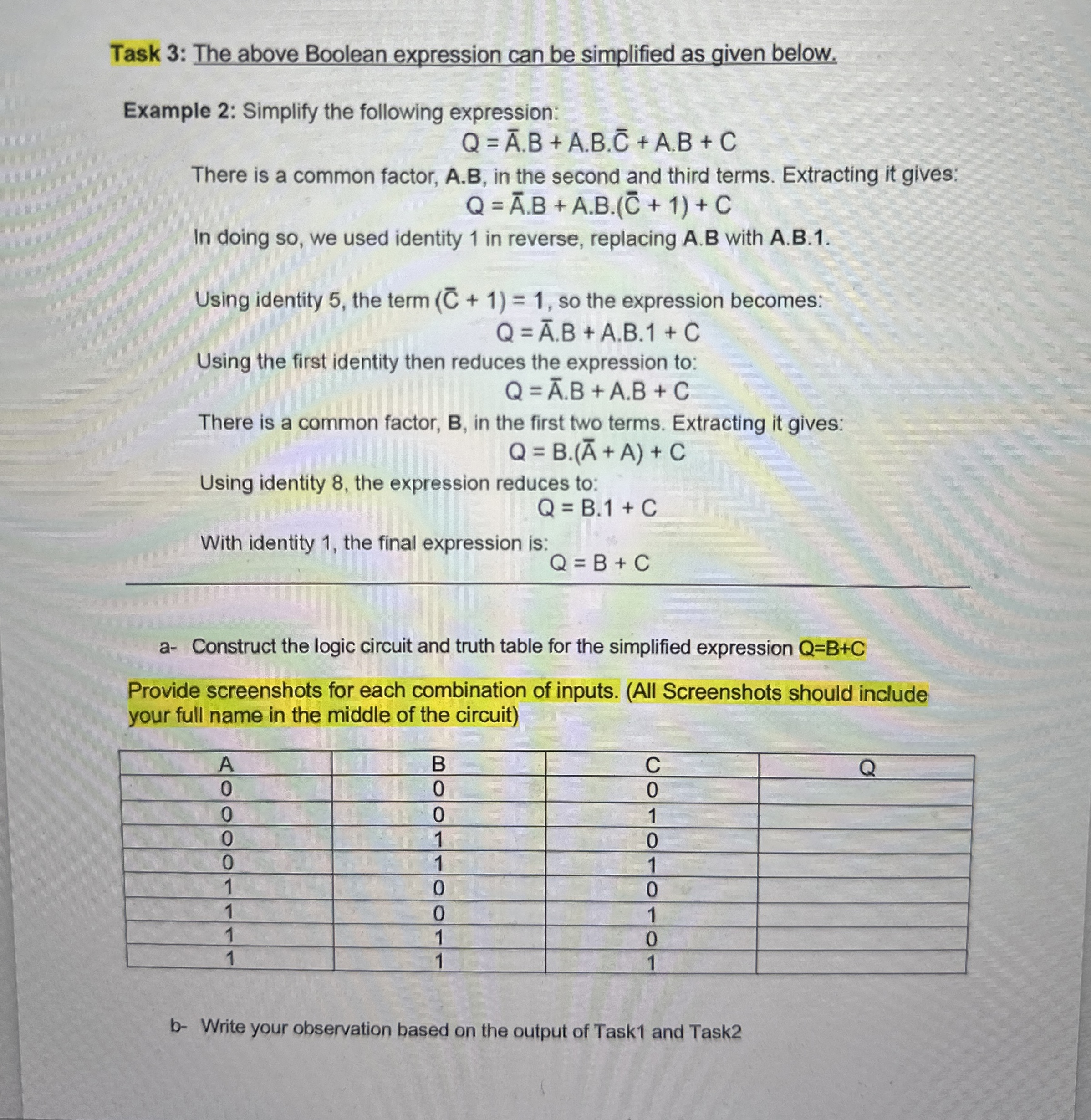 Task 3 : The above Boolean expression can be