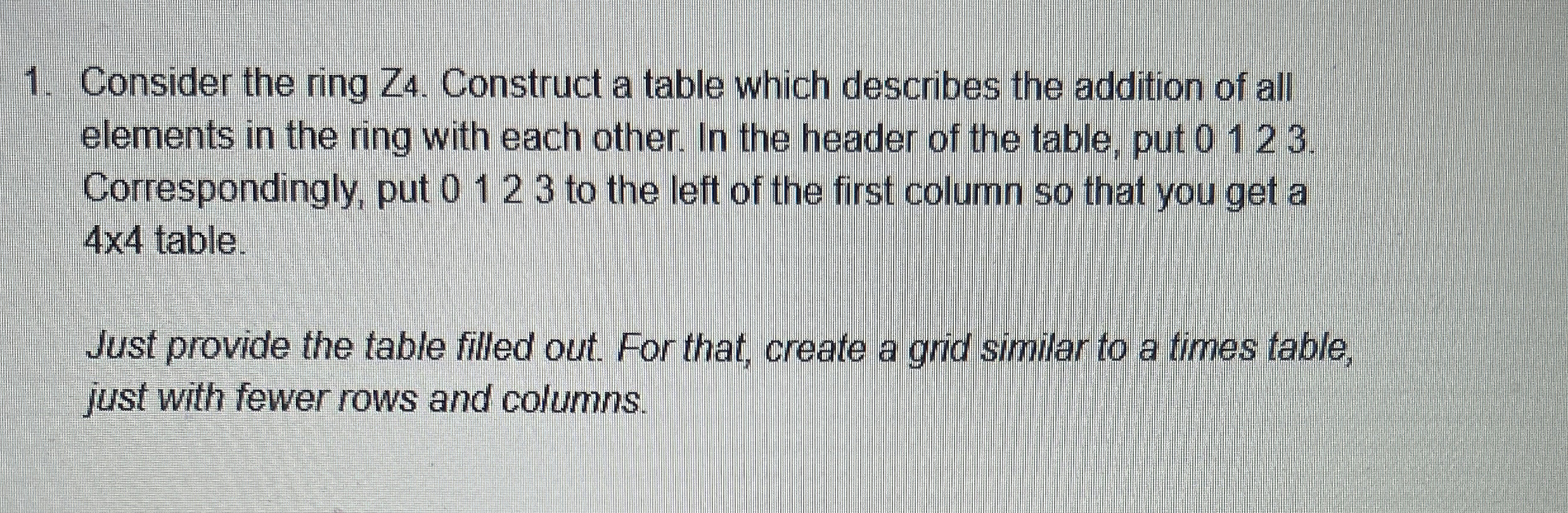 Consider the ring Z 4 . Construct a table which
