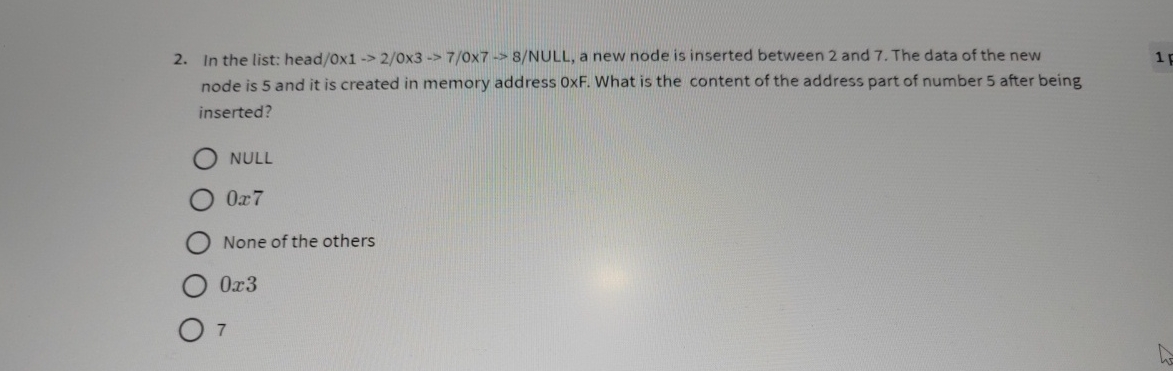 In the list: head / 0 x 1 2 0 3 7 0 7 8 ? NULL, a
