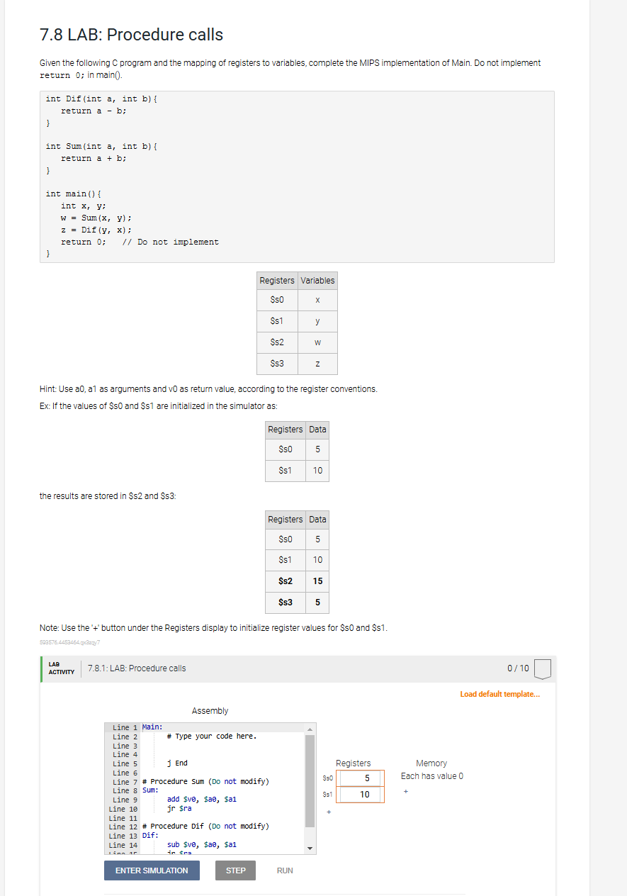 7 . 8 LAB: Procedure calls Given the following C