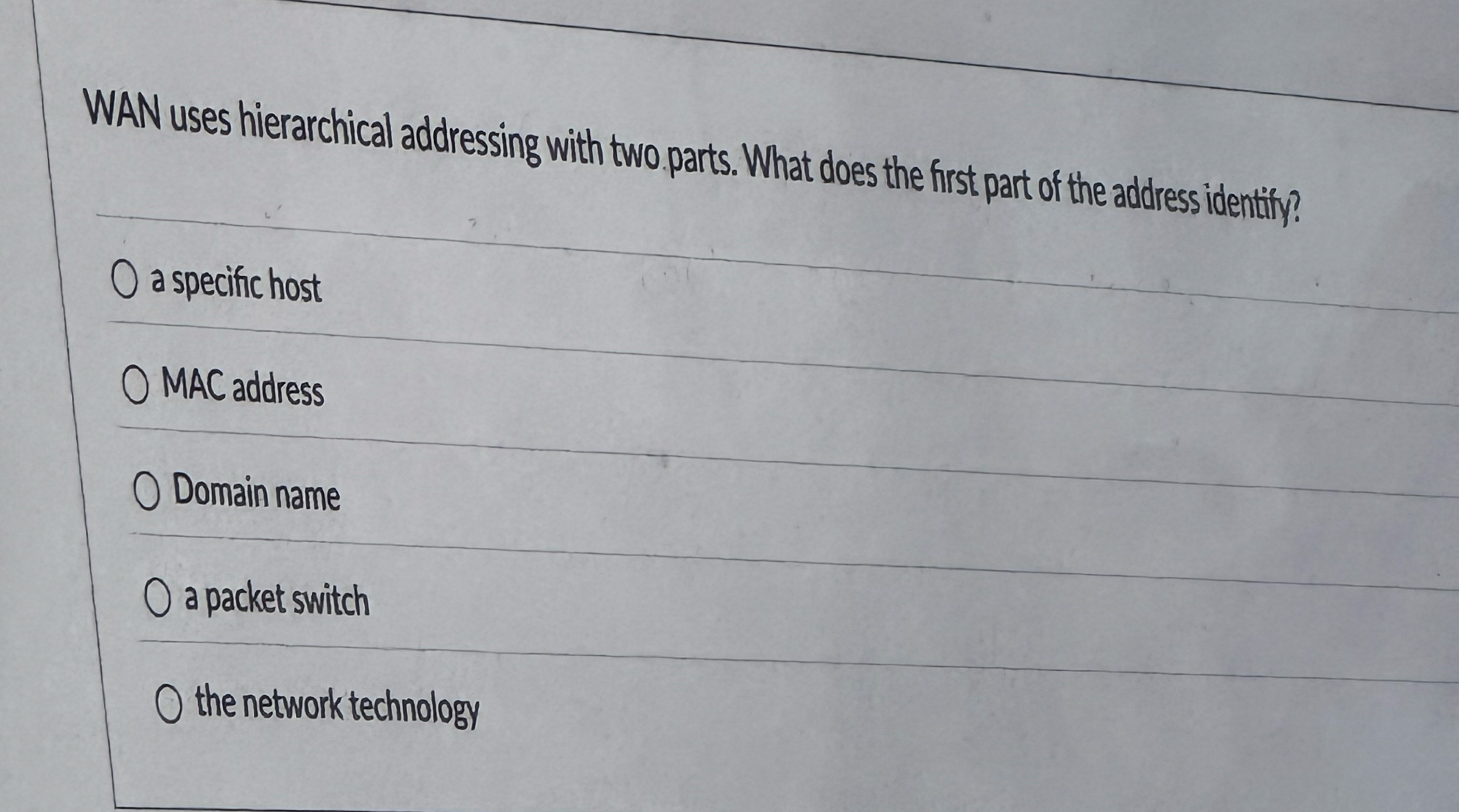 WAN uses hierarchical addressing with two parts.