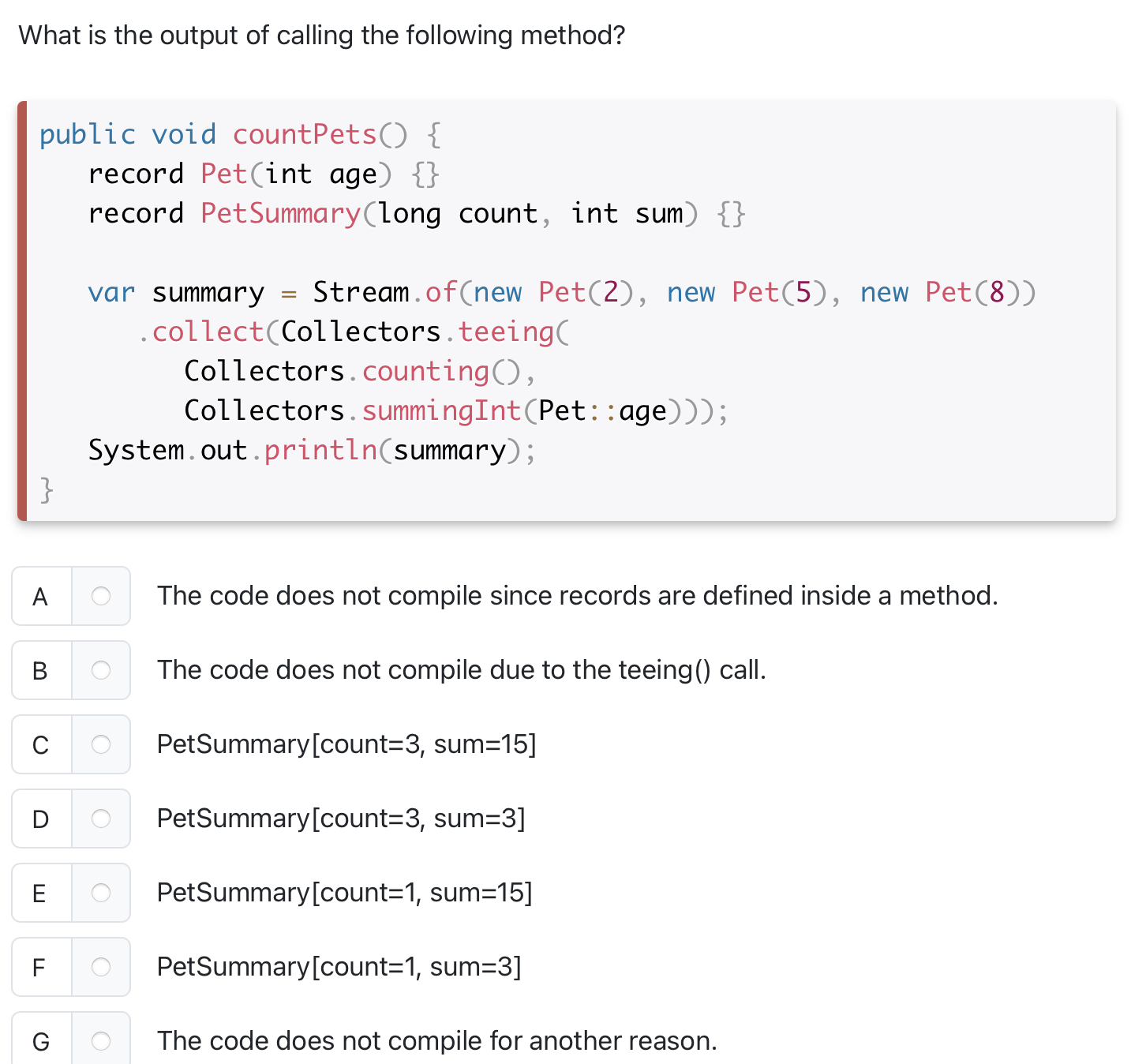 public void countPets ( ) { record Pet ( int age