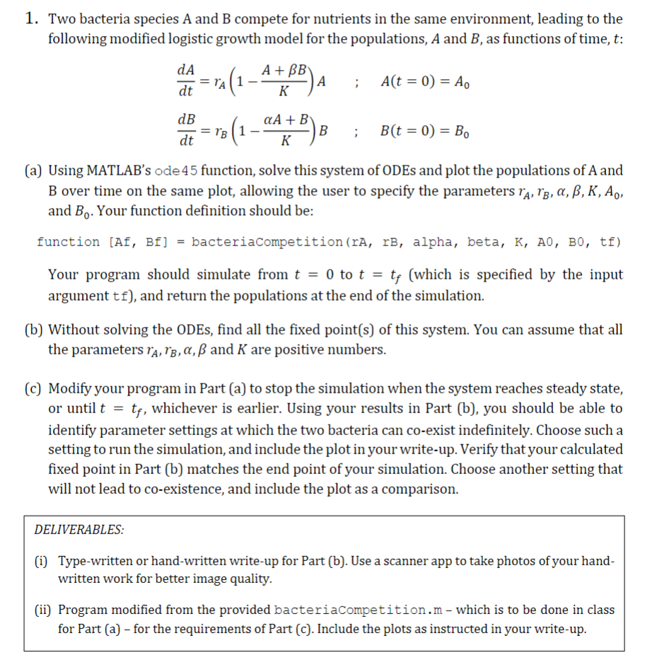 Two bacteria species A and B compete for