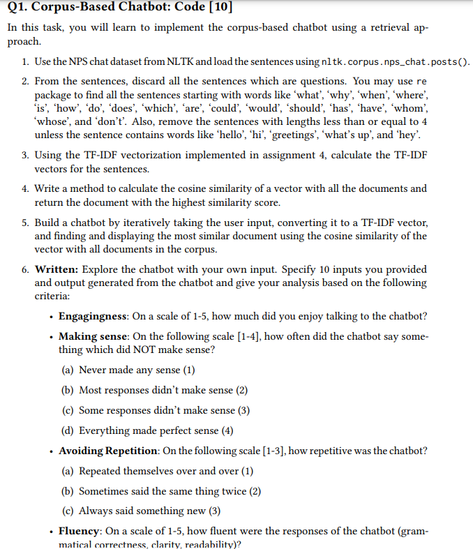 Q 1 . Corpus - Based Chatbot: Code [ 1 0 ] In