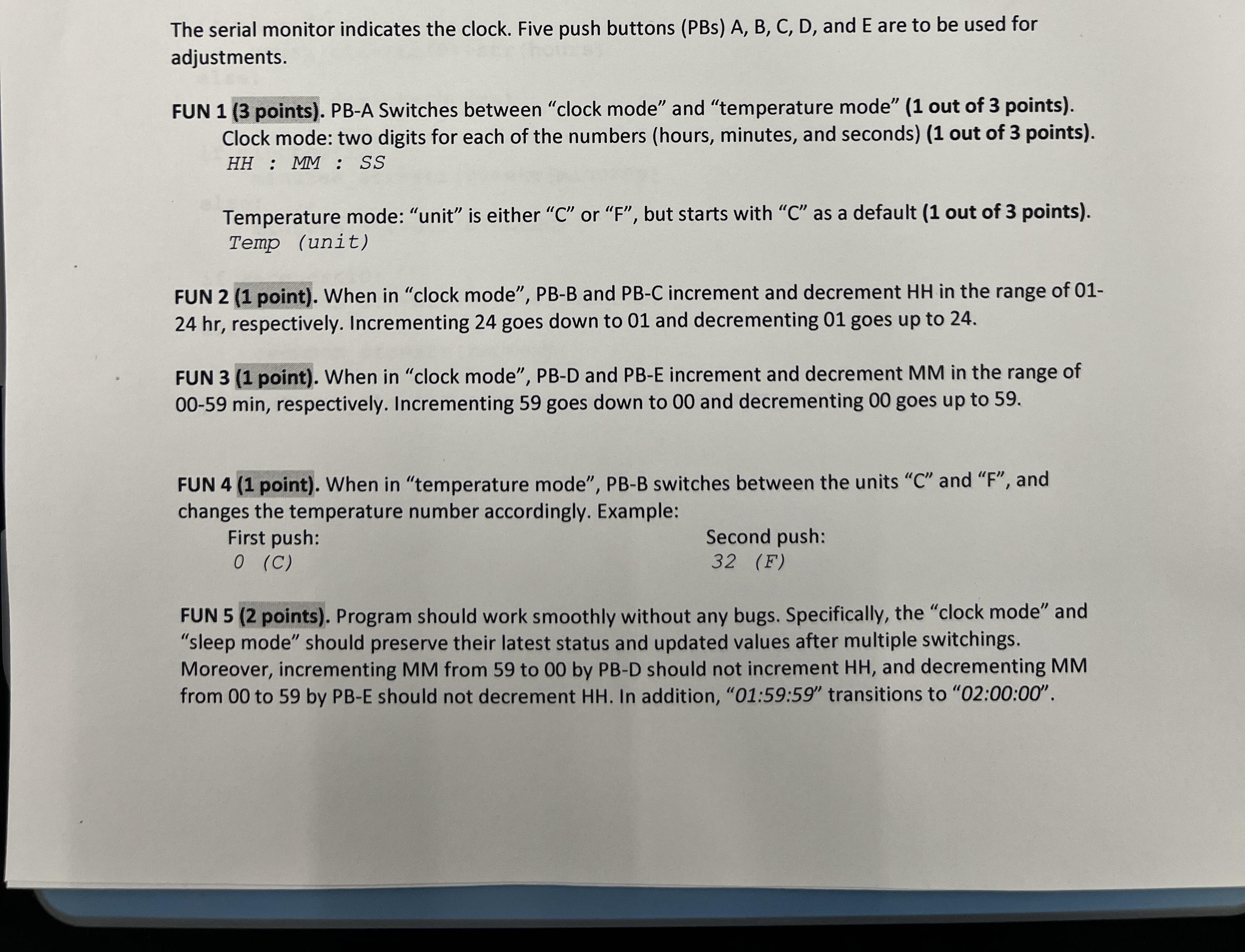 The serial monitor indicates the clock. Five push