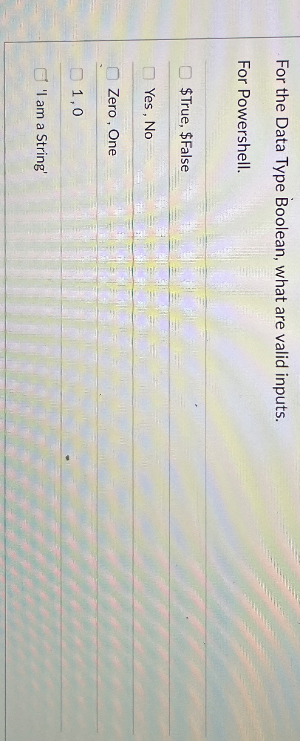 For the Data Type Boolean, what are valid inputs.