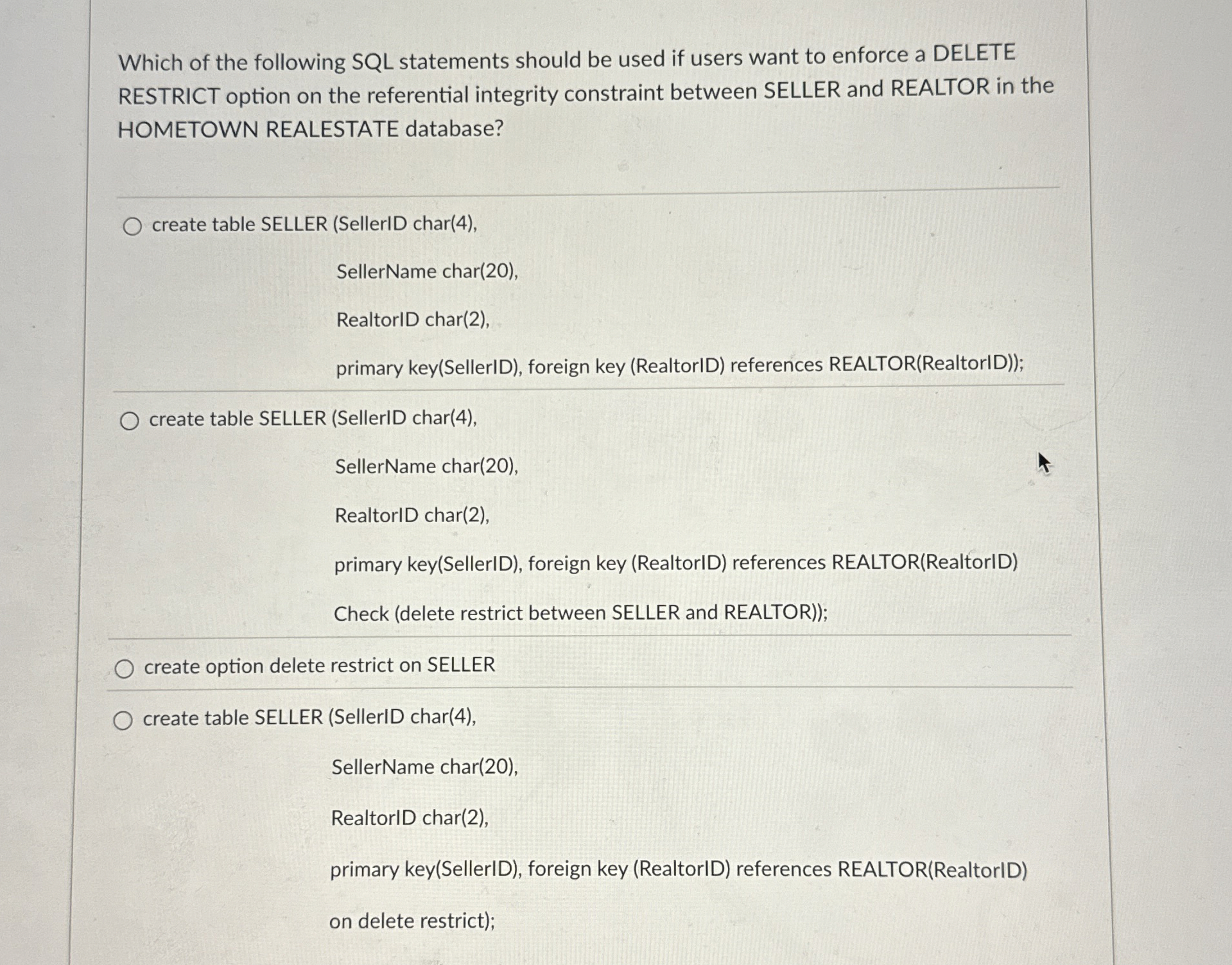Which of the following SQL statements should be