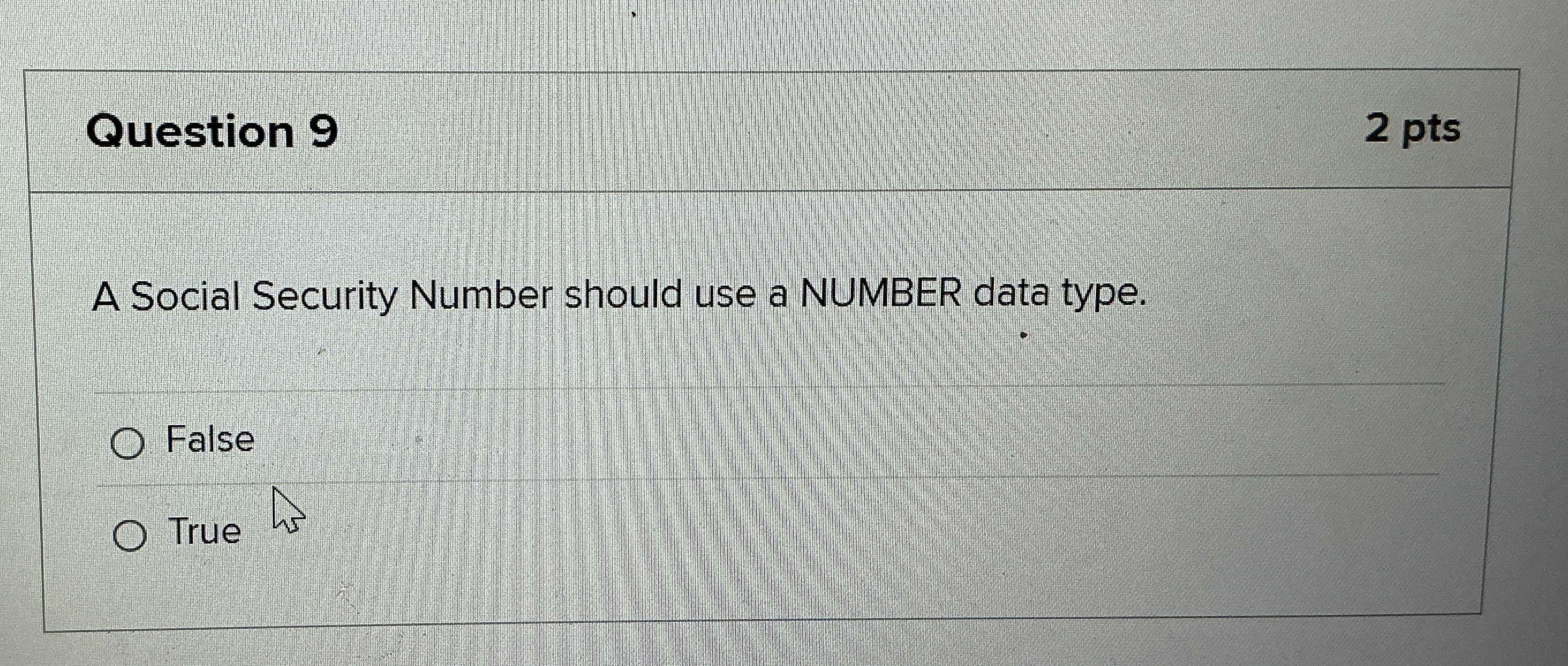 Question 9 2 pts A Social Security Number should