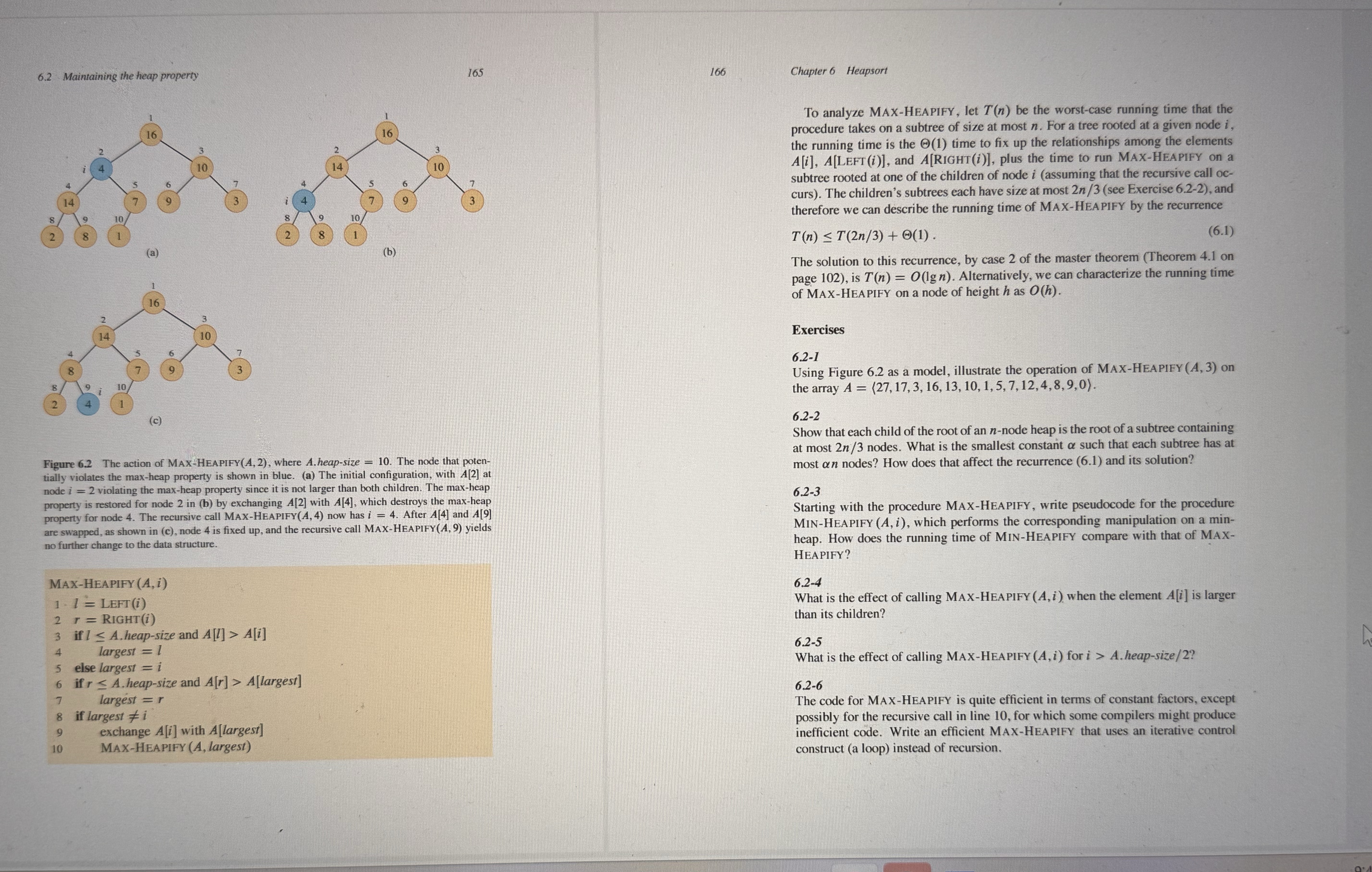 Figure 6 . 2 The action of MAX - HEAPIFY ( A , 2