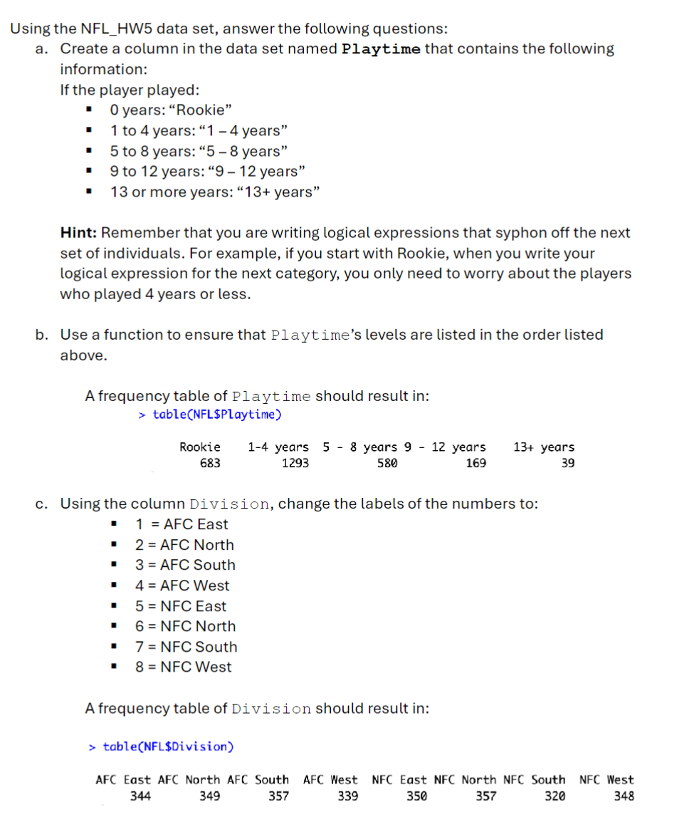 Using the NFL _ HW 5 data set, answer the