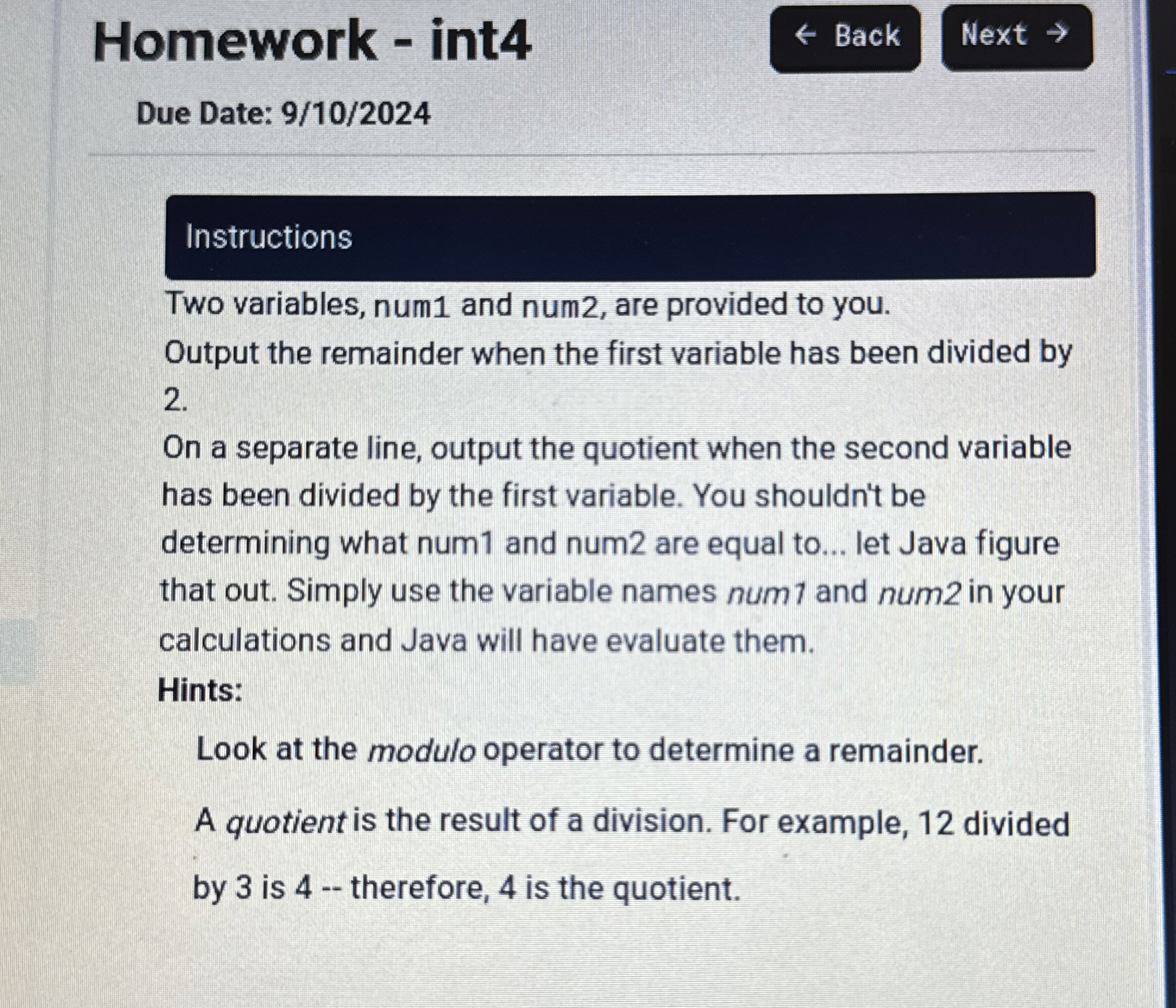 Instructions Two variables, num 1 and num 2 , are