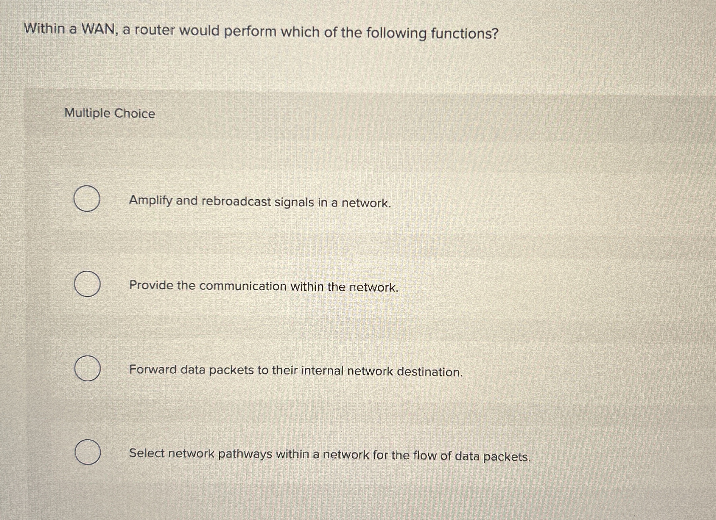 Within a WAN, a router would perform which of the