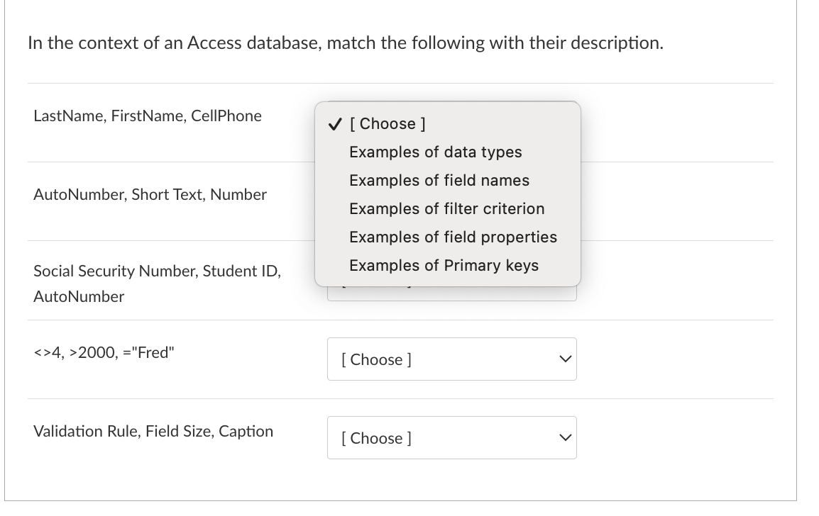 In the context of an Access database, match the