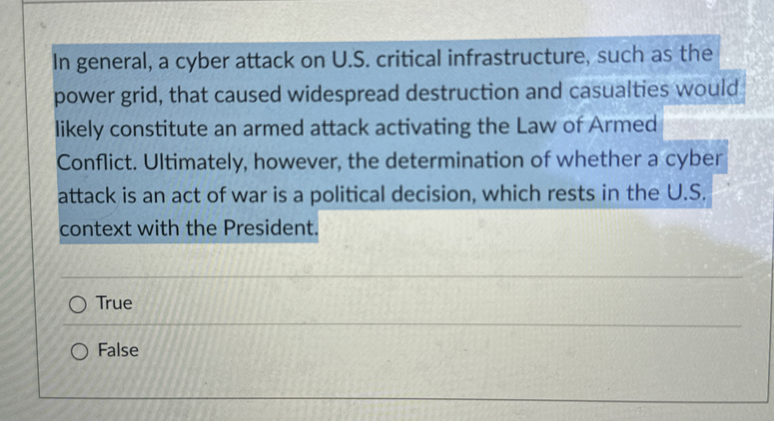 In general, a cyber attack on U . S . critical
