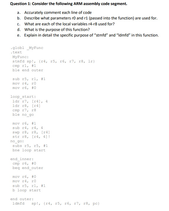 Question 1 : Consider the following ARM assembly
