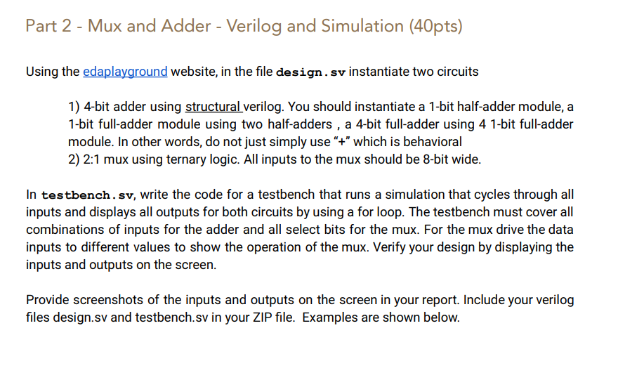 Part 2 - Mux and Adder - Verilog and Simulation (