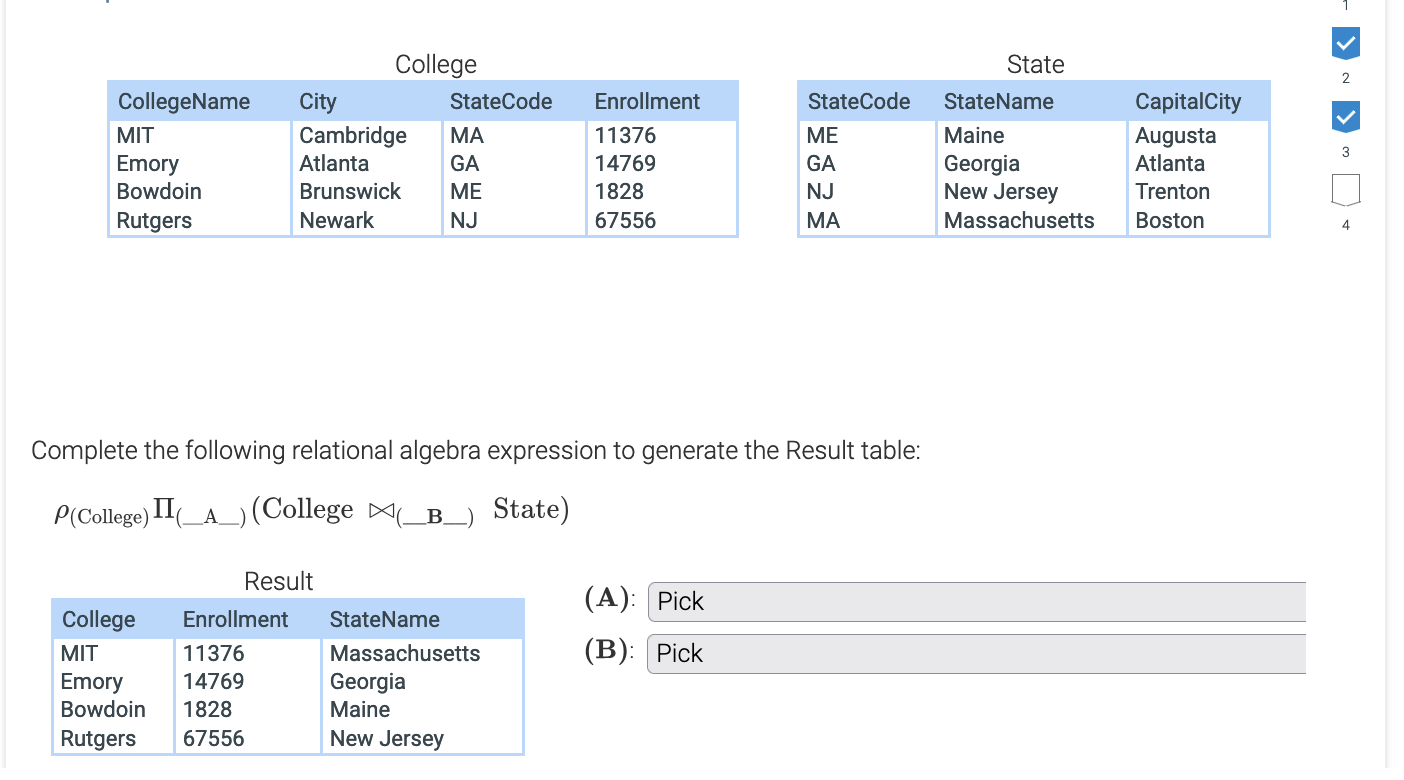 Complete the following relational algebra