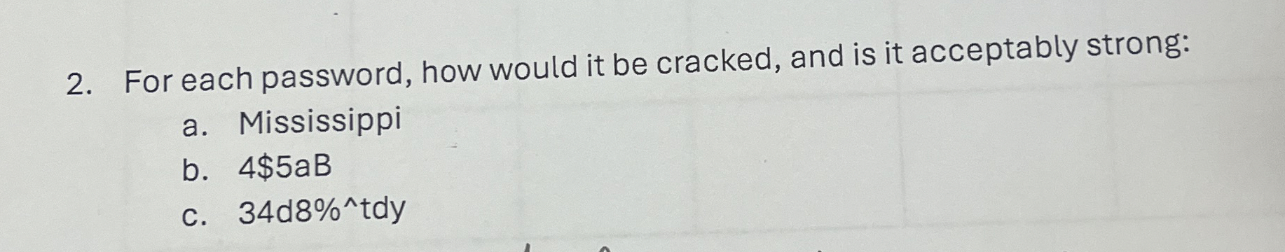 For each password, how would it be cracked, and