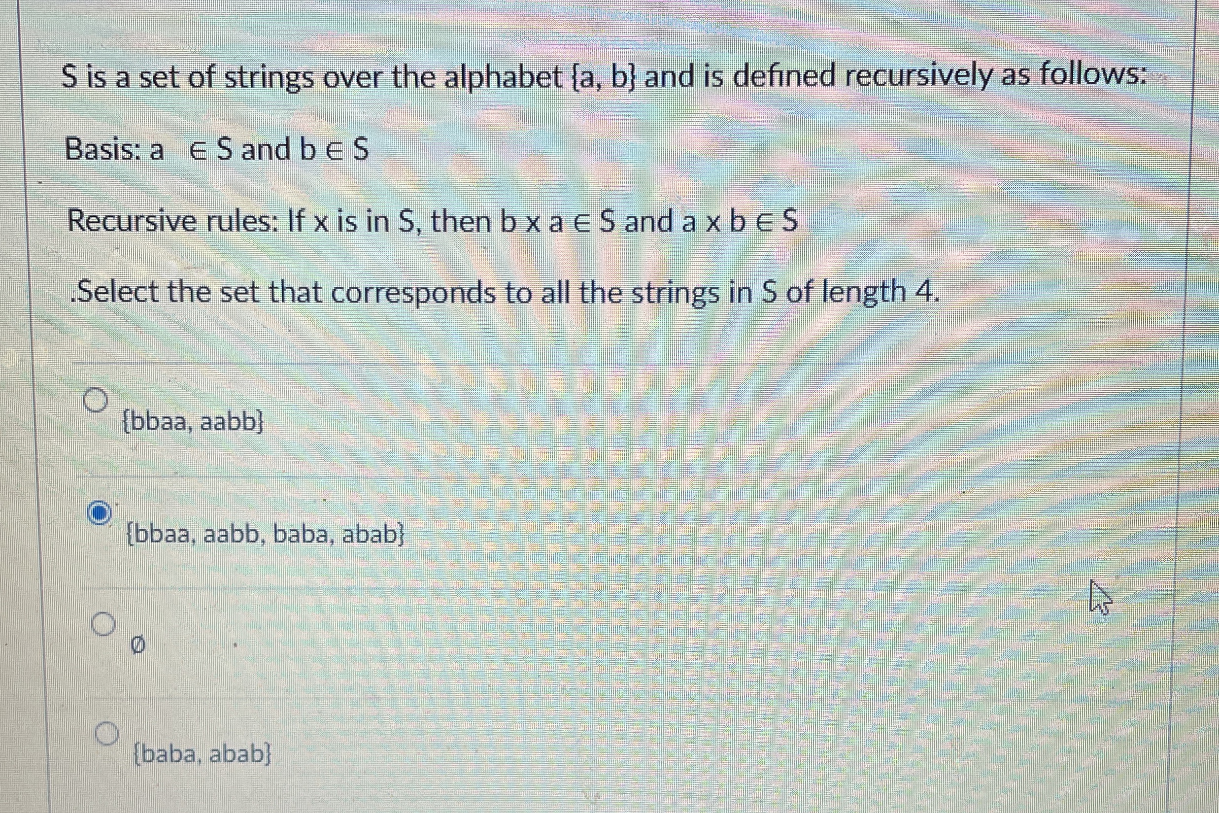 S is a set of strings over the alphabet { a , b }