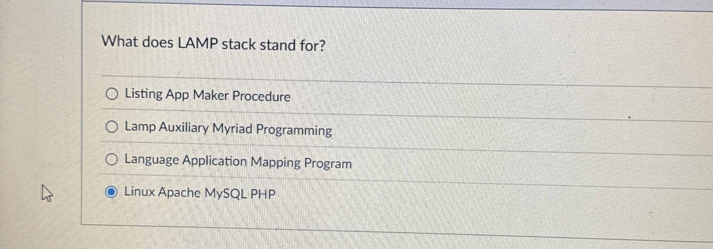 What does LAMP stack stand for? Listing App Maker