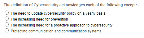 The definition of Cybersecurity acknowledges each