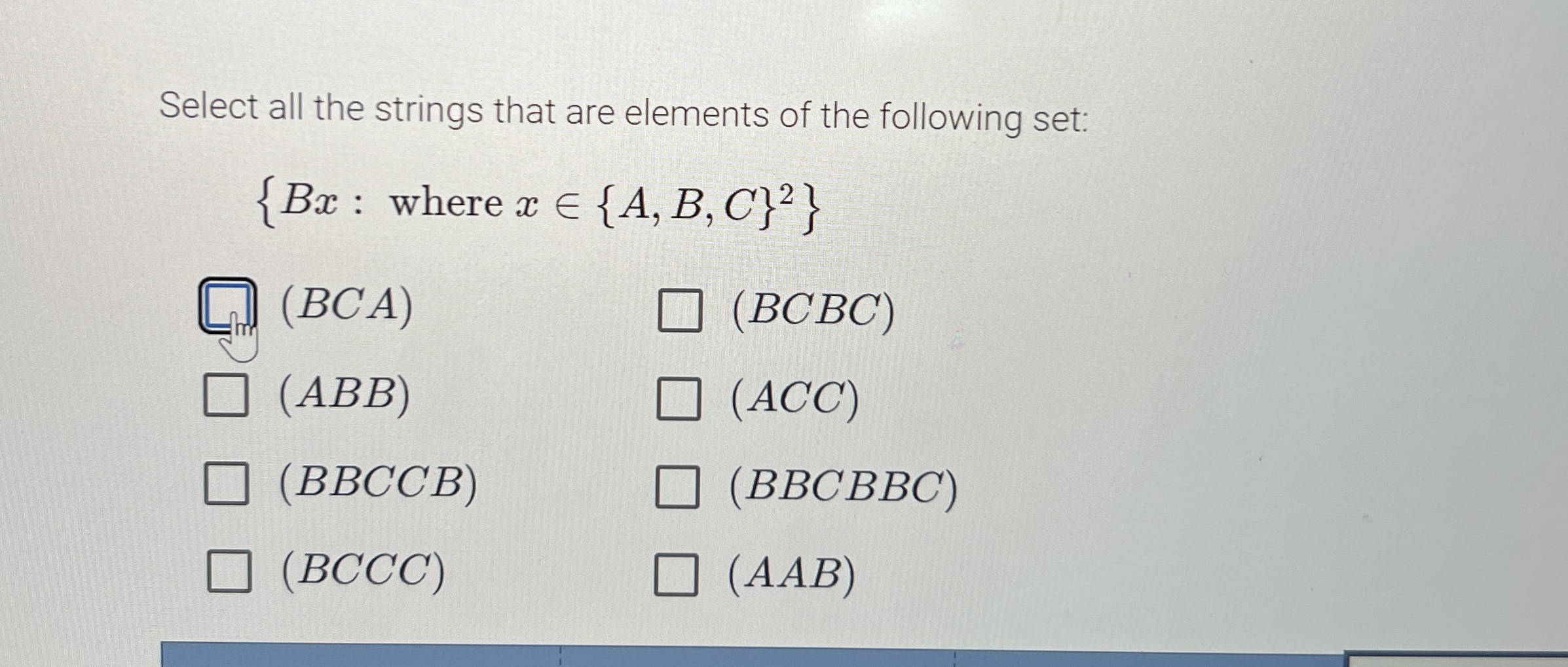 Select all the strings that are elements of the
