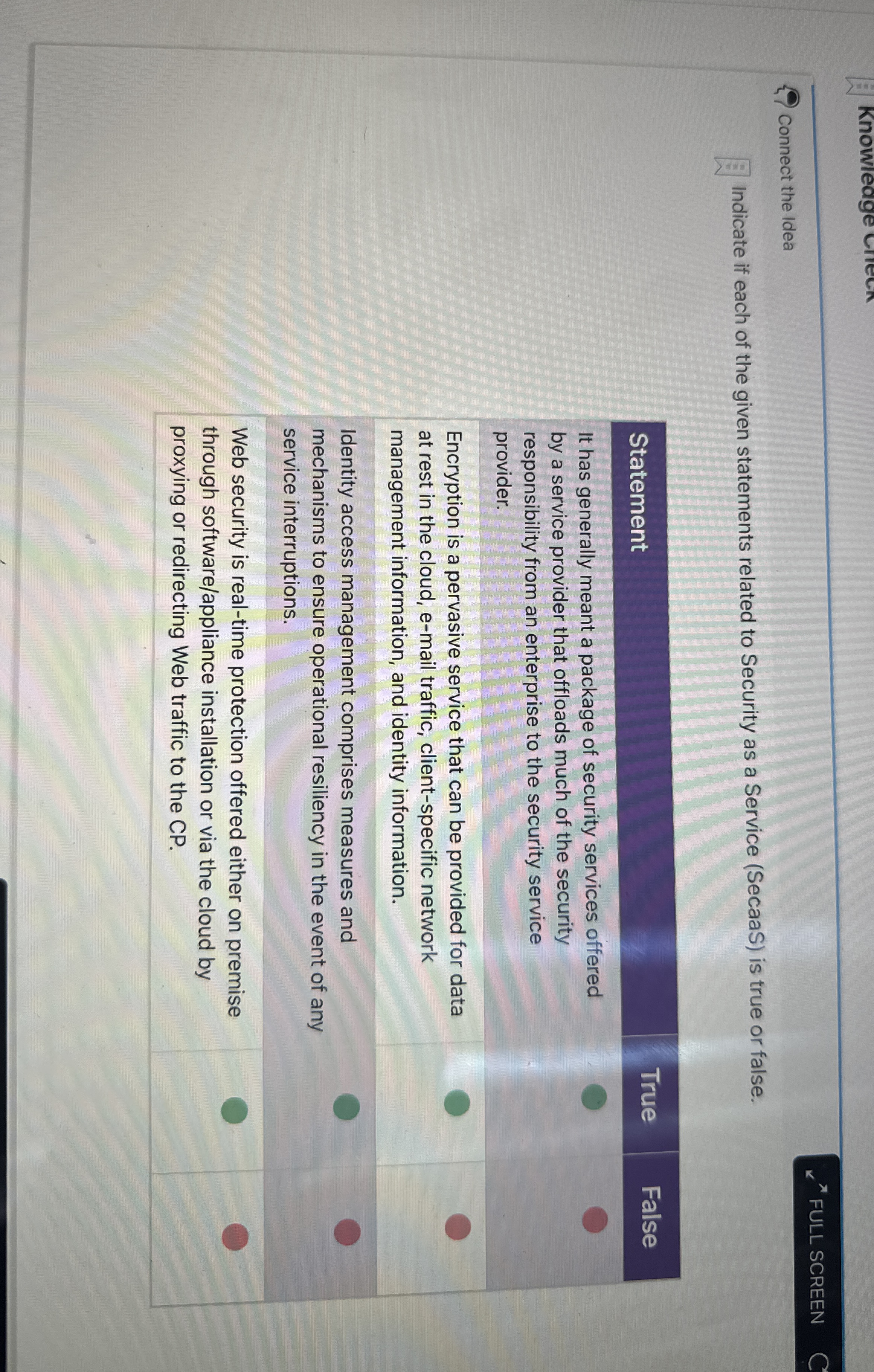 Connect the Idea Indicate if each of the given