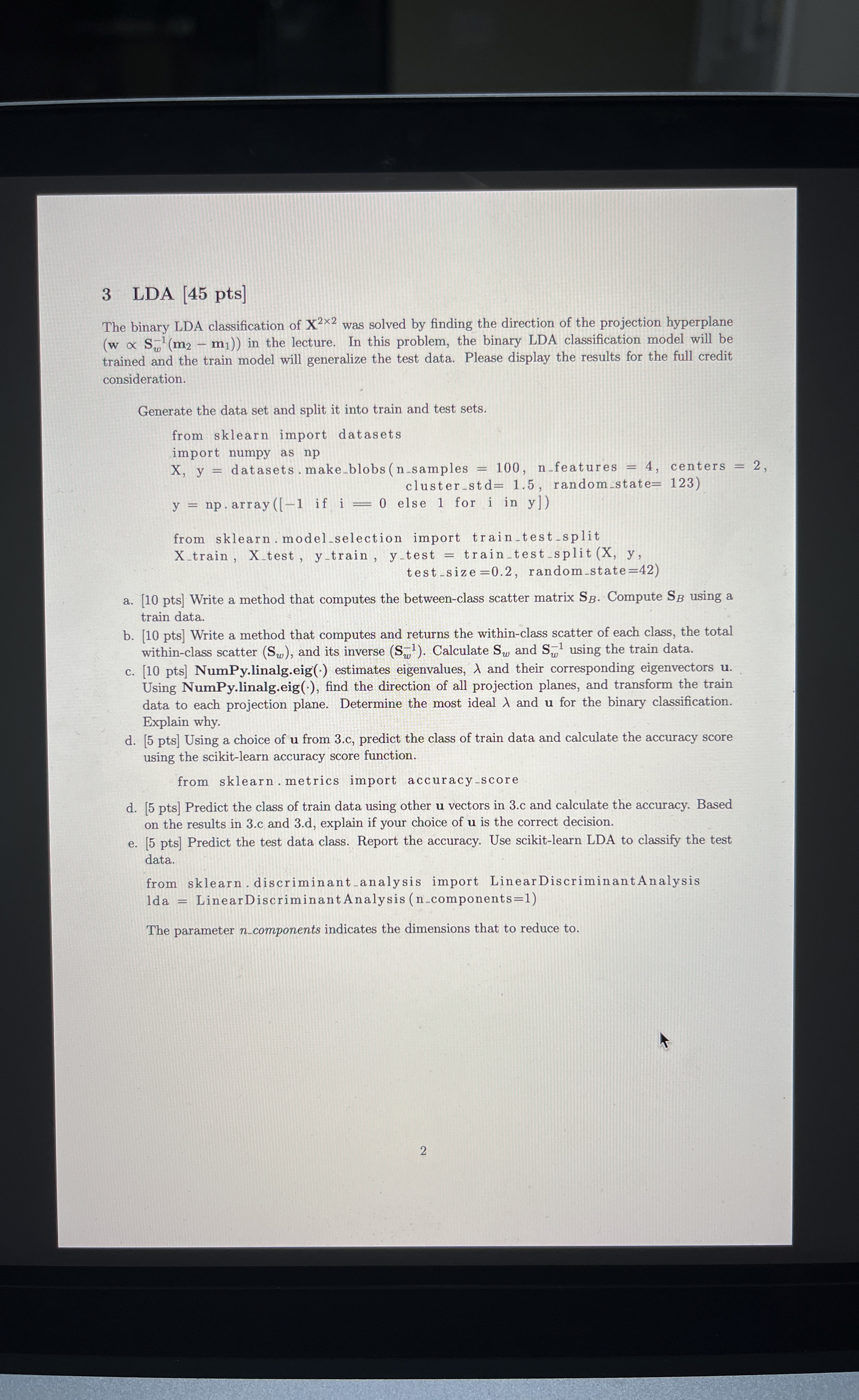 3 LDA [ 4 5 pts ] The binary LDA classification