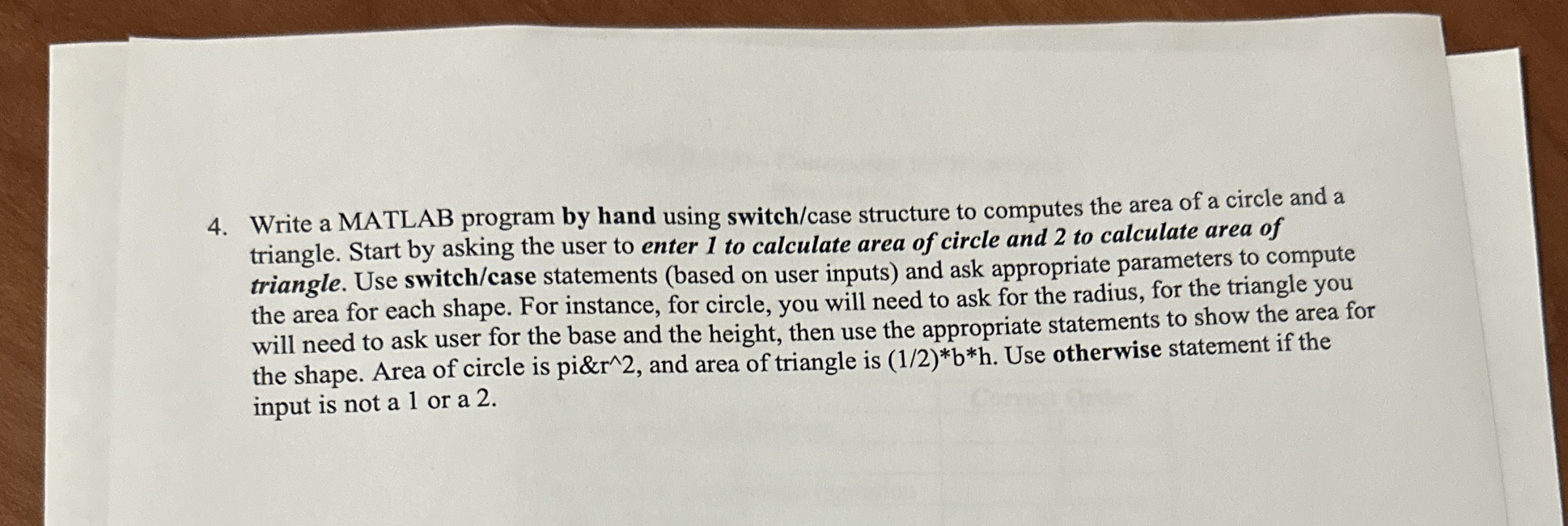 Write a MATLAB program by hand using switch /