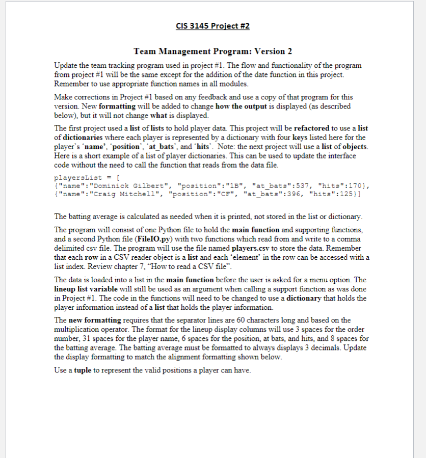 CIS 3 1 4 5 Project \ # 2 Team Management