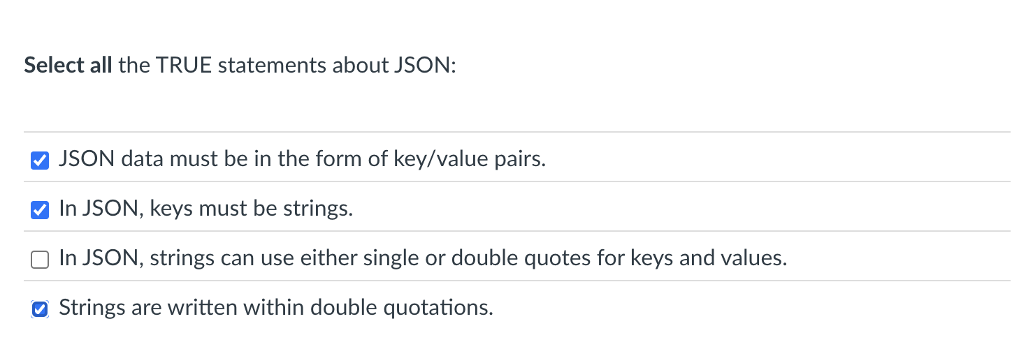 Select all the TRUE statements about JSON: JSON